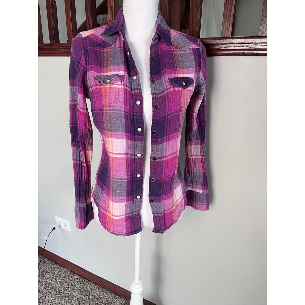 American Eagle Outfitters Purple Plaid Western Snap Button Down Shirt Small